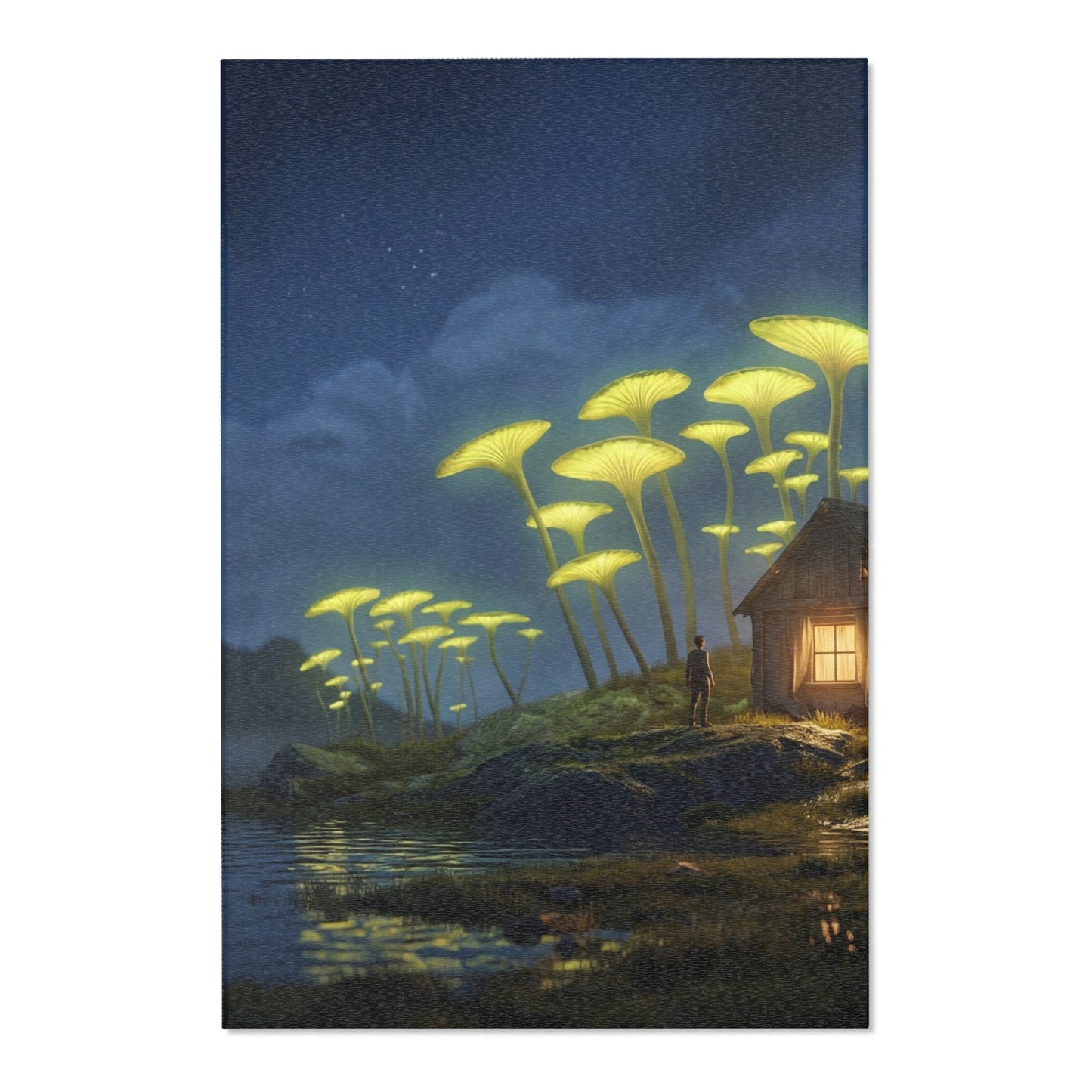 Luminescent Mushroom Cottage Rug – Twilight Haven by the Lake