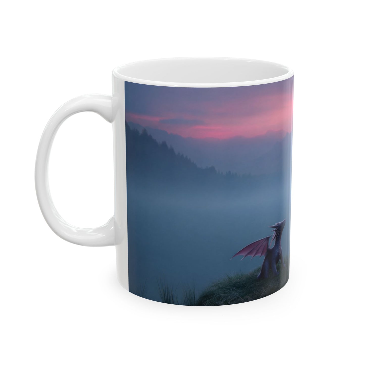 Warrior and Dragon Sunset Mug – Twilight Vigil on the Mountain Ridge