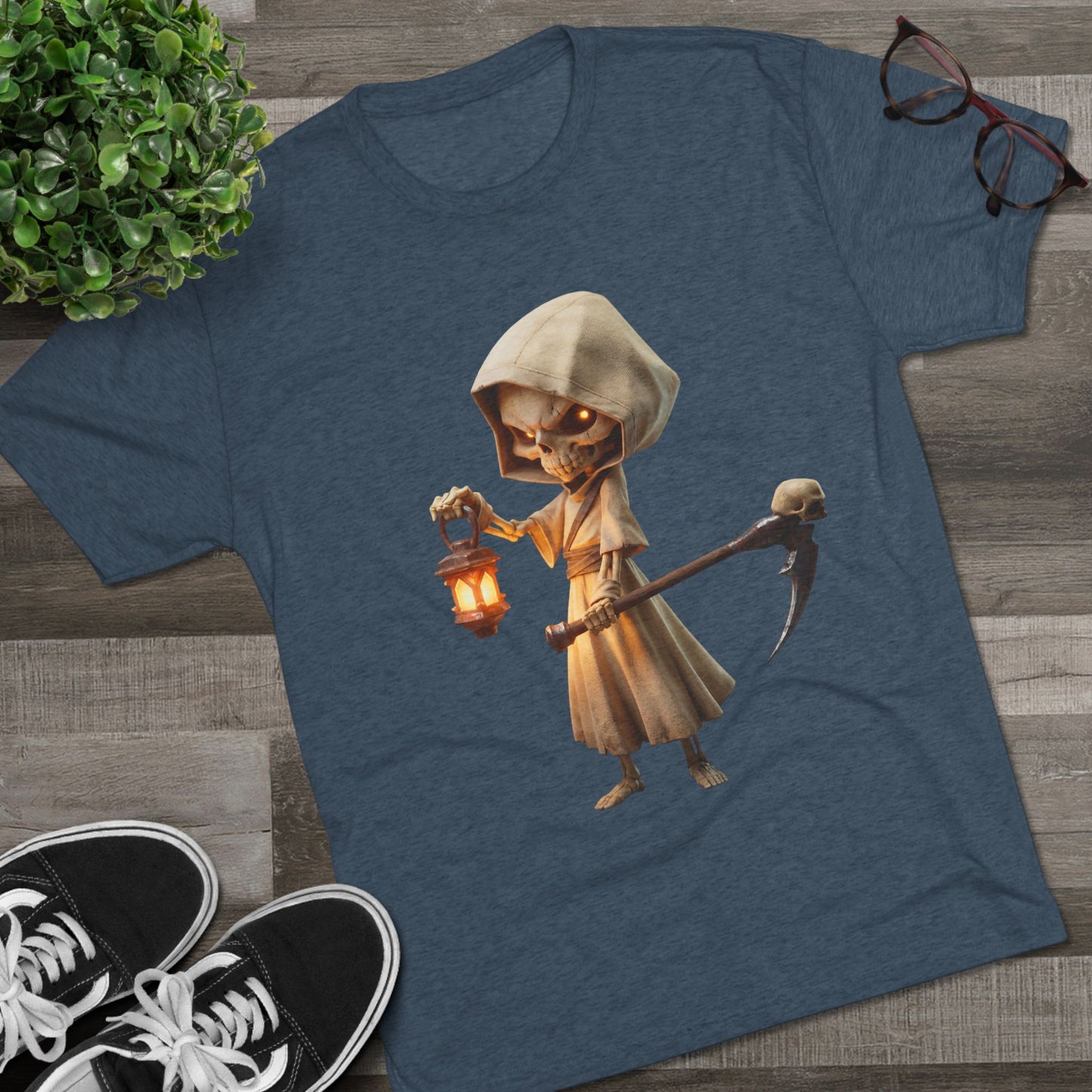 Lantern-Bearing Skeleton Hoodie Tee – Soft Tri-Blend Crewneck with Scythe and Glowing Eyes