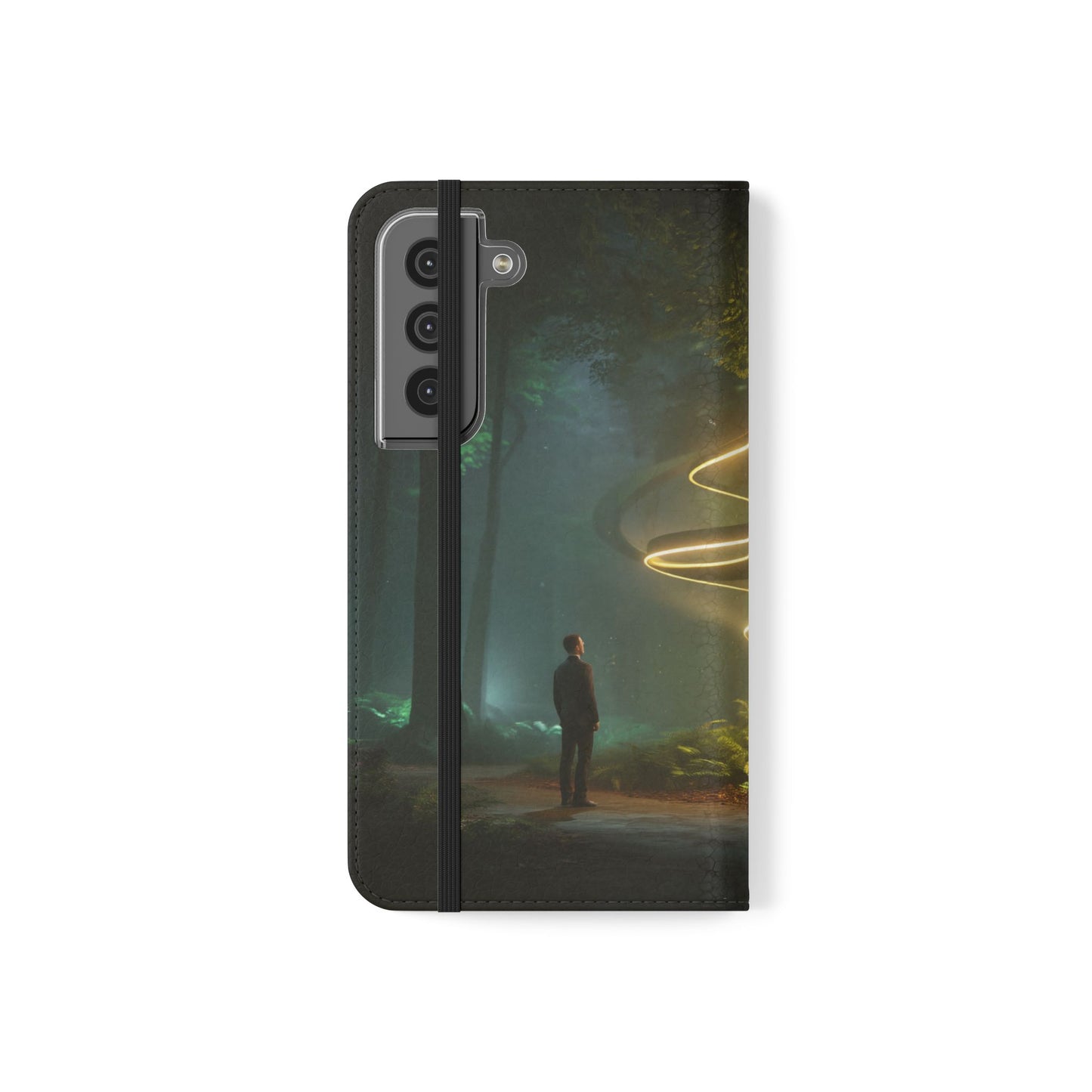 Luminous Spiral Forest Flip Cases – Golden Light Rings Mystery Scene