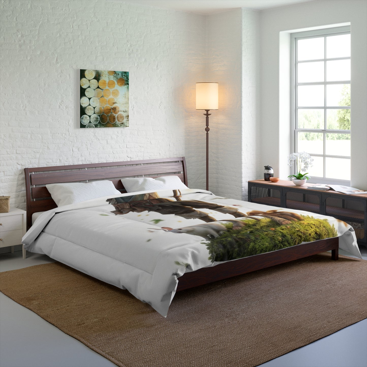 Forest Sentinel Comforter – Luminescent Deer-Horned Child Amid Mossy Rock
