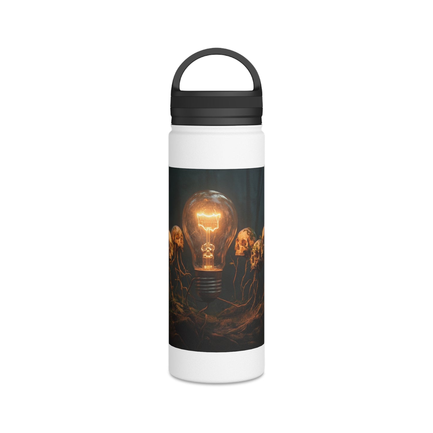 Glowing Lightbulb in Haunted Forest Stainless Steel Water Bottle, Handle Lid – Illuminated Wisdom Amidst the Roots