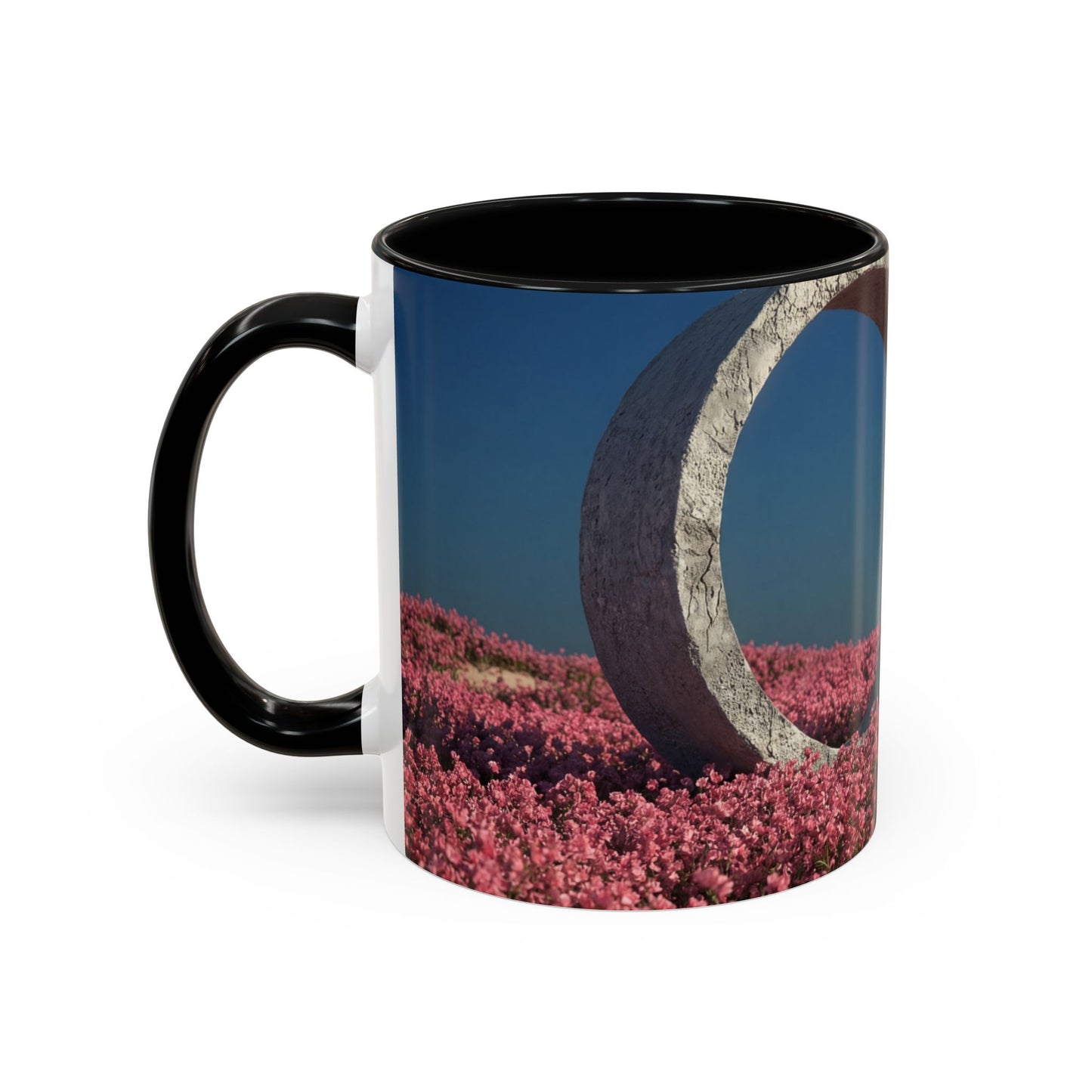 Stone Ring Garden Bloom Accent Coffee Mug – Cracked Concrete Portal in Pink Wildflowers