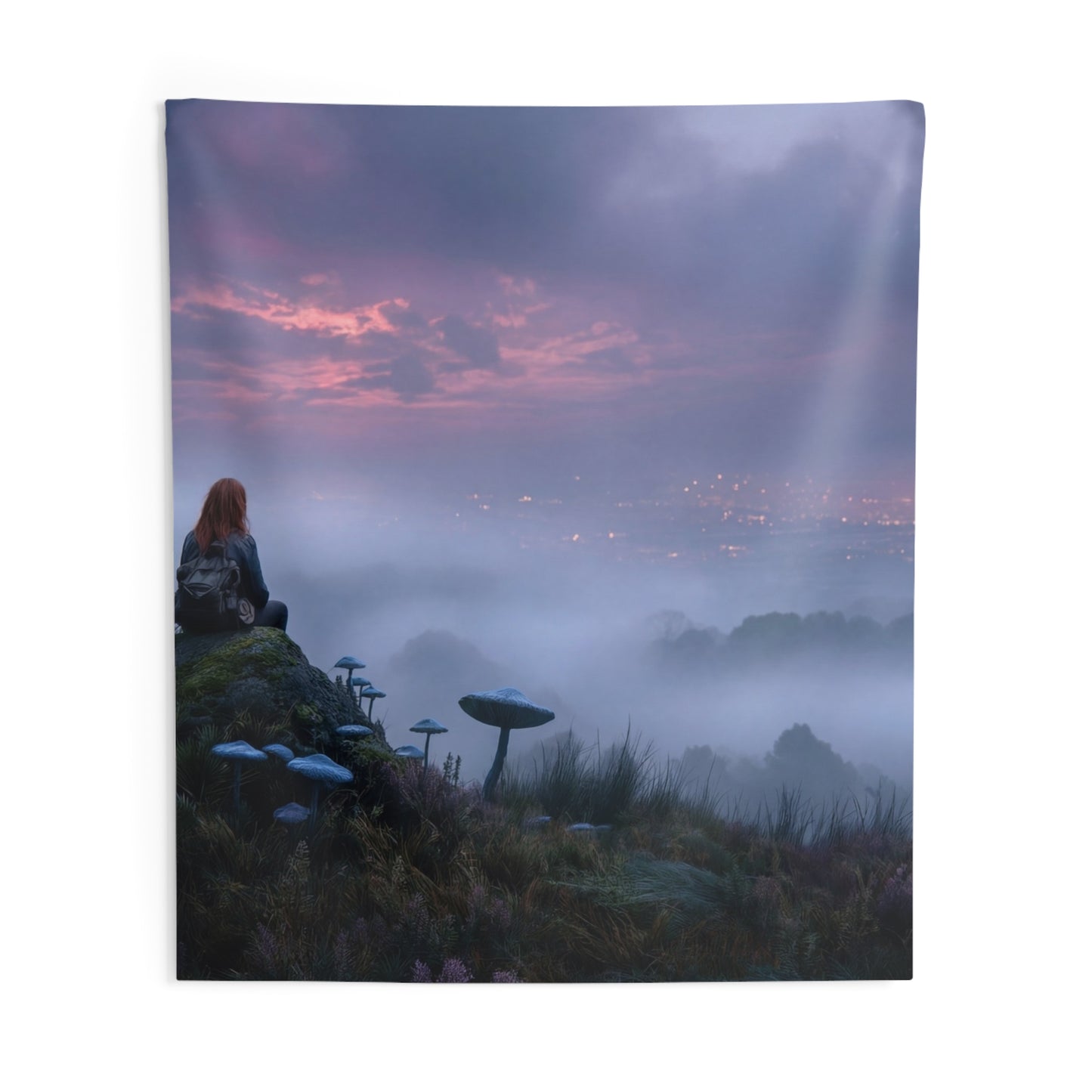 Moonlit Wanderer Wall Tapestry – Twilight Meadow with Bioluminescent Fungi