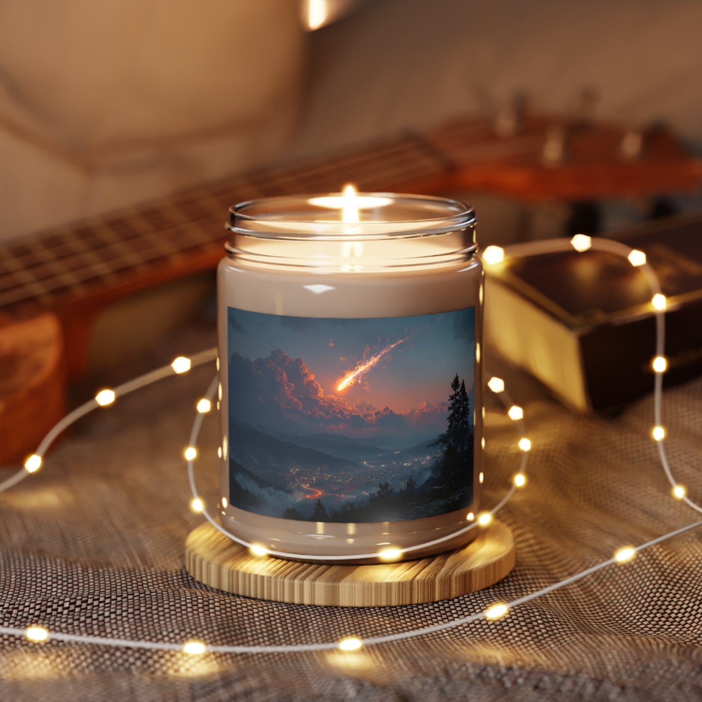 Celestial Firefall Scented Soy Candles with White Lid, 9oz – Cosmic Glow Over Mountain Vale