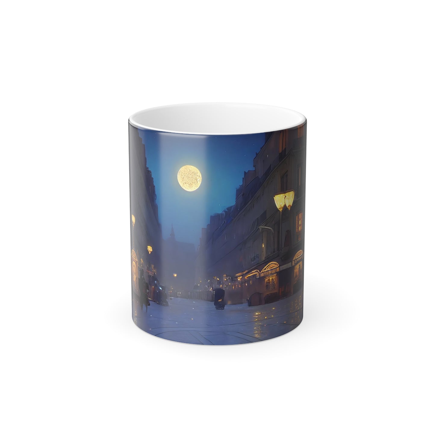 Streets of Paris at night, winter, Glowing lights, moon and stars, Dramatic lighting, Epic composition, Wide angle, by alphonse mucha, maxfield parrish - Color Morphing Mug, 11oz