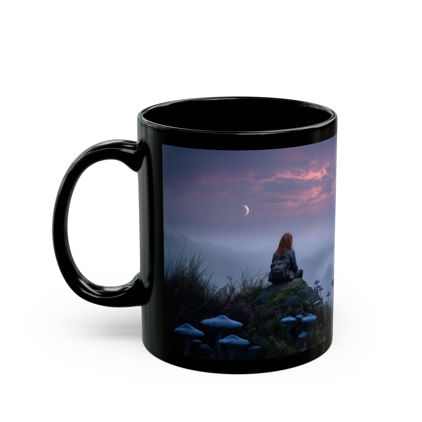 Solitary Sentinel Mug – Twilight Over Cityscape with Moon and Mushrooms