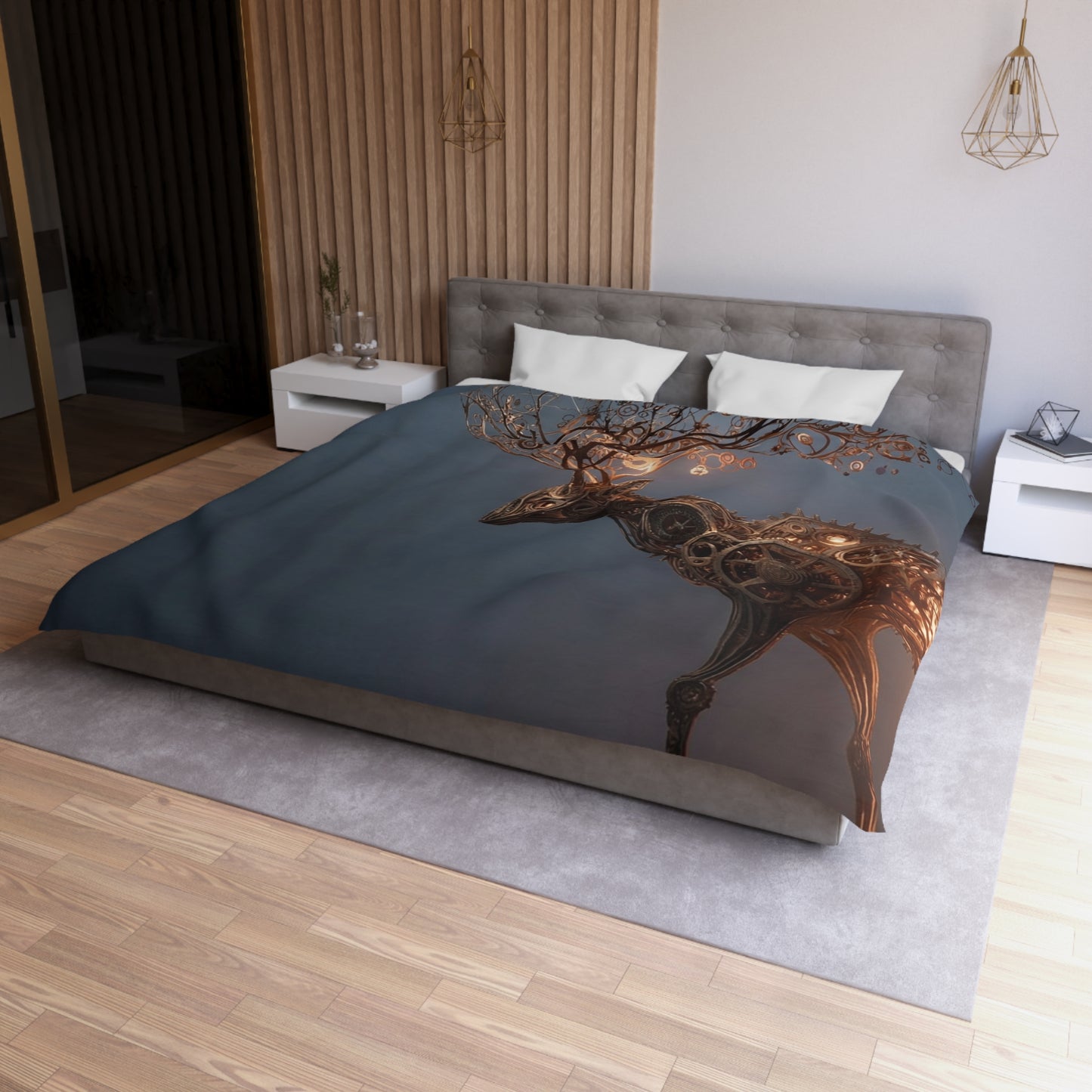 Clockwork Stag Microfiber Duvet Cover – Luminescent Forest Guardian