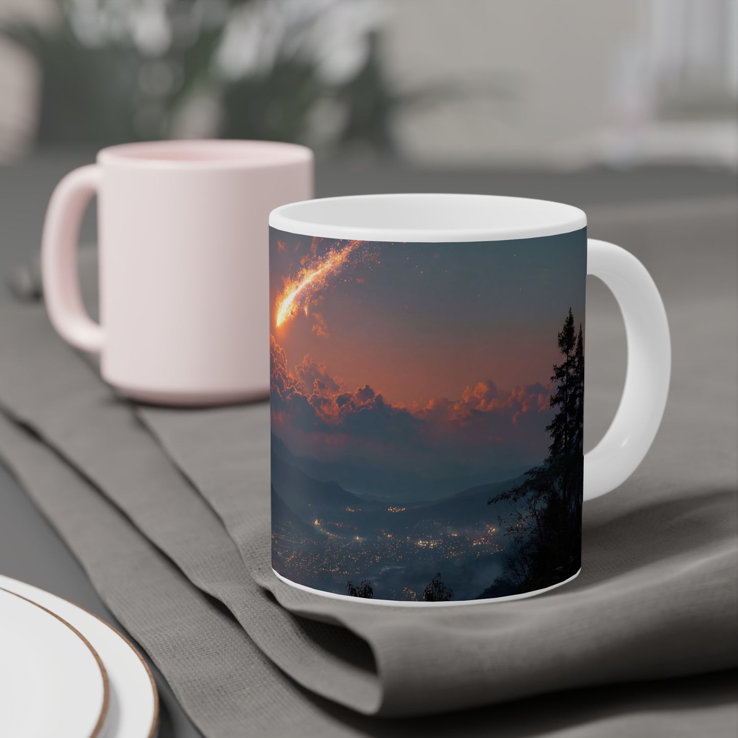Celestial Fireball Ceramic Mugs (11oz\15oz\20oz) – Skyfall Over Mountain Twilight
