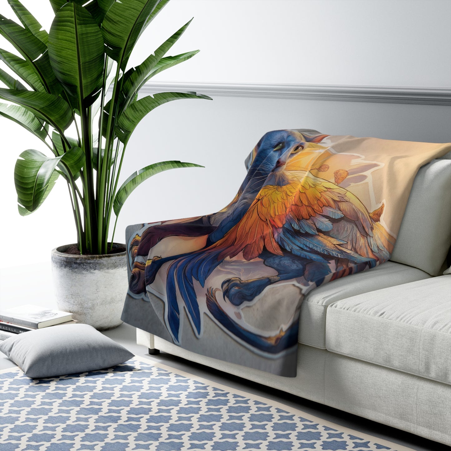 Azure Winged Cat Sherpa Fleece Blanket – Golden Hour Guardian