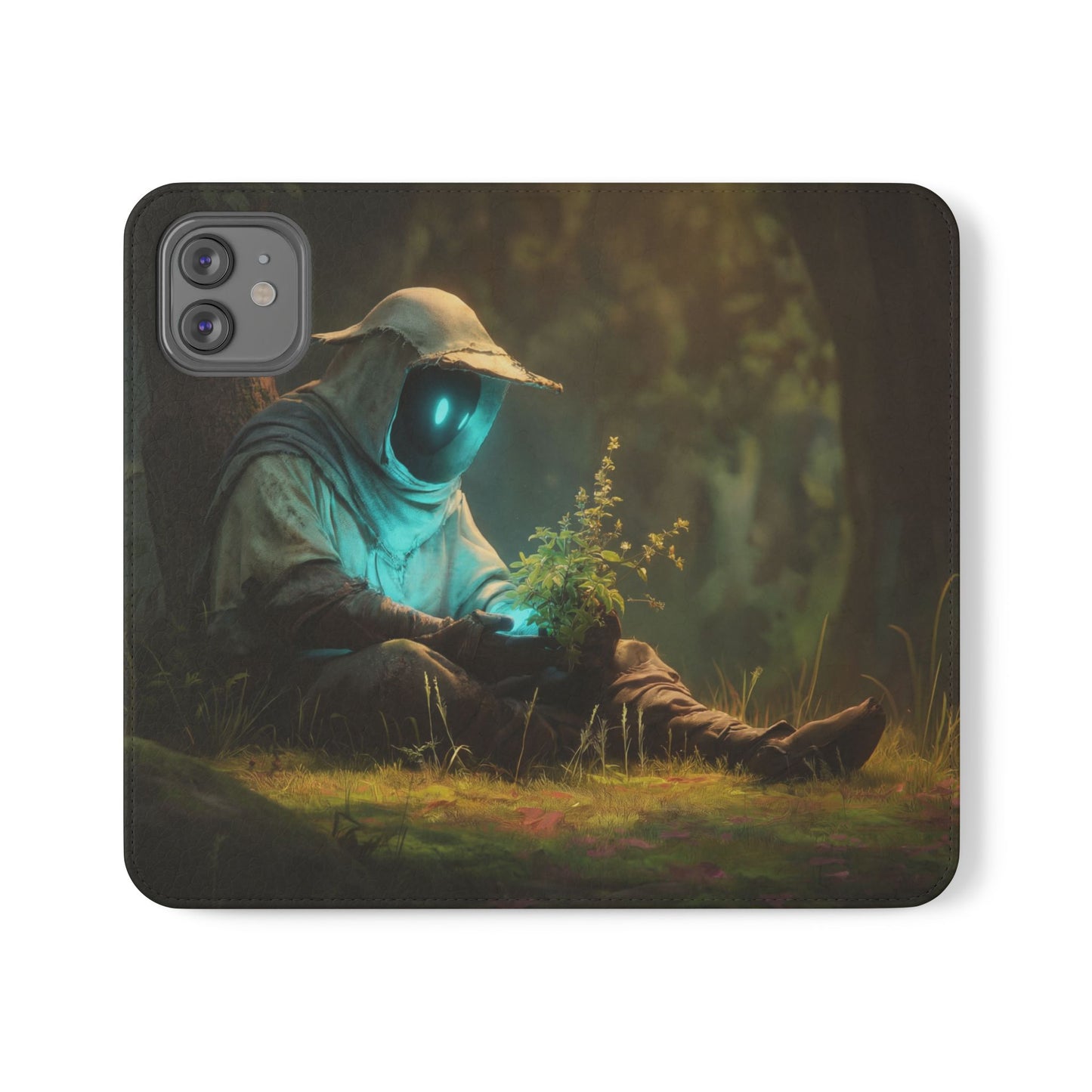Glowing Orb Hooded Guardian Flip Cases – Bioluminescent Forest Keeper