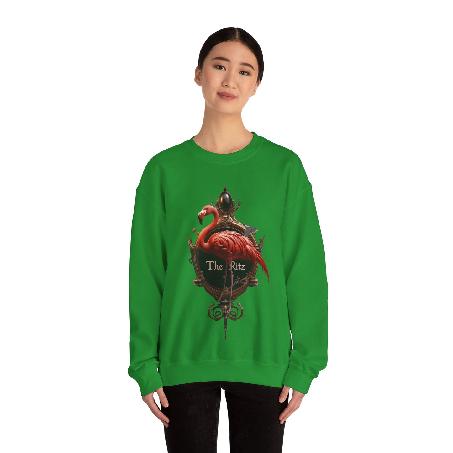 The Ritz Flamingo Unisex Heavy Blend™ Crewneck Sweatshirt – Ornate Gold Frame with Crimson Bird and Whimsical Sentinel