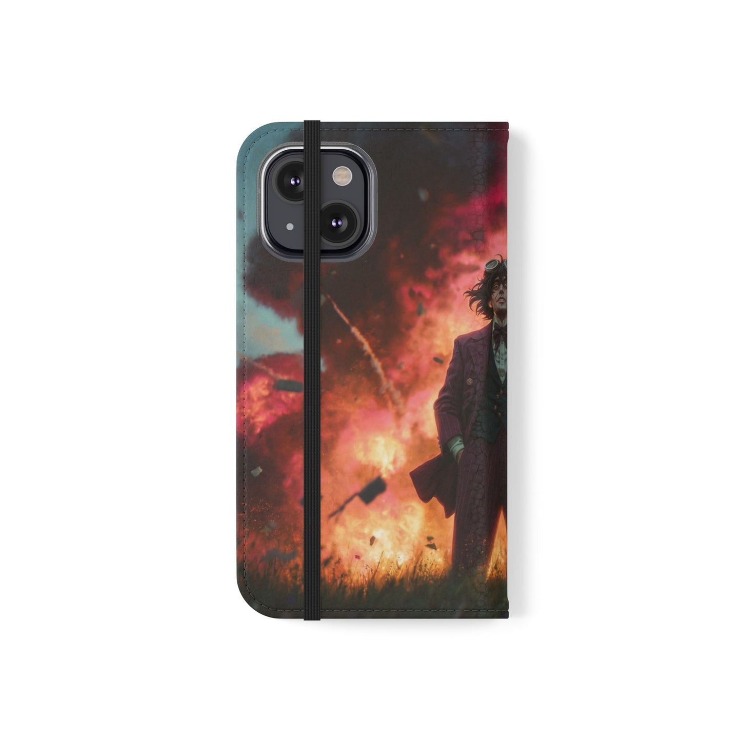 Goggles & Chaos Flip Cases – Purple Suit Amidst Fiery Explosion