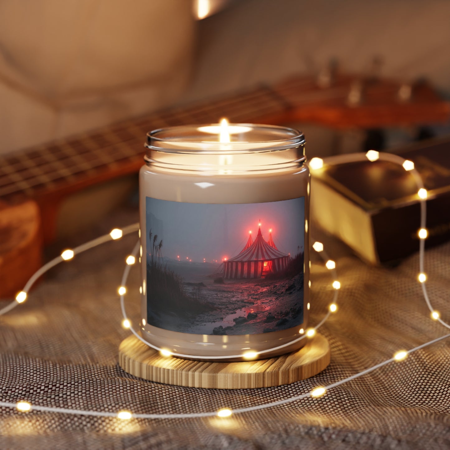 Midnight Circus Tent Scented Soy Candles with White Lid, 9oz – Crimson Glow on the Foggy Shore