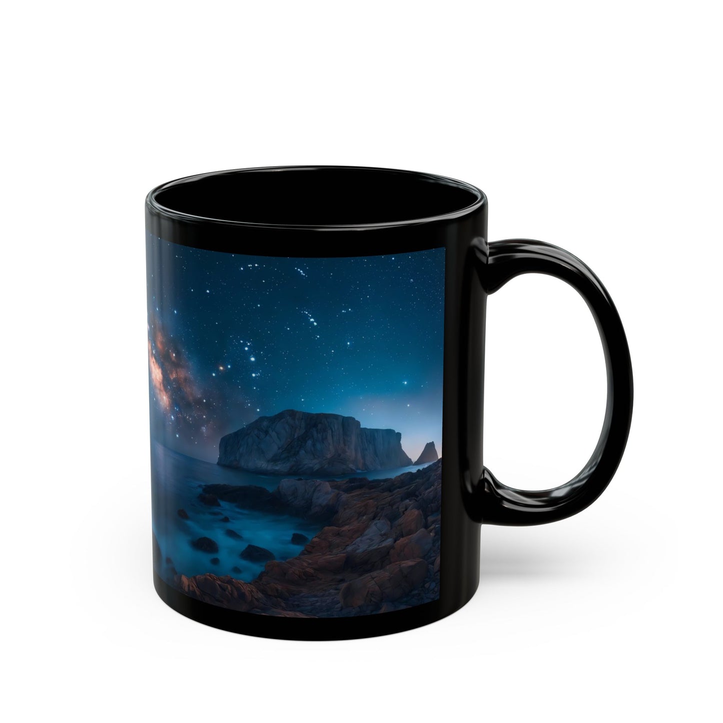 Celestial Archway Black Mug – Milky Way Over Moonlit Coastline