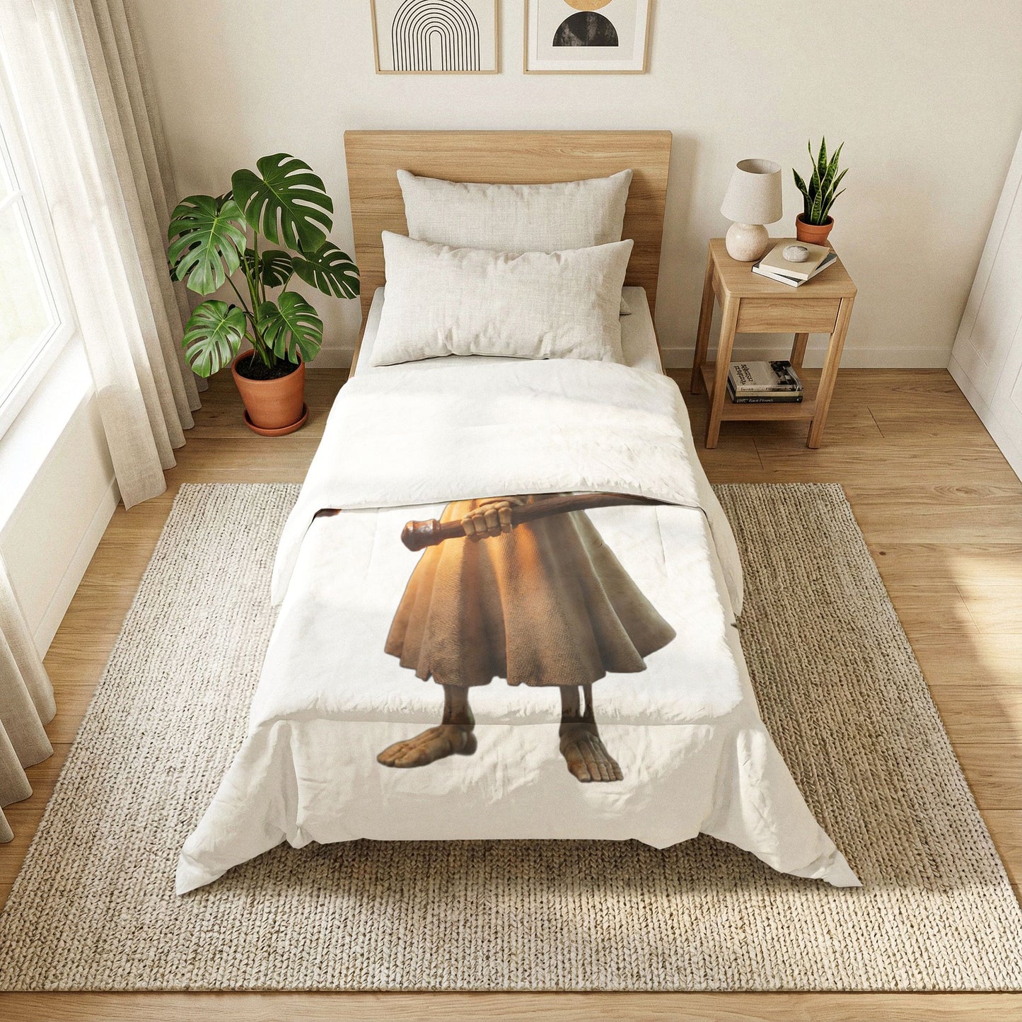 Lantern Bearer Cotton Comforter – Hooded Sentinel with Glowing Skull Eyes
