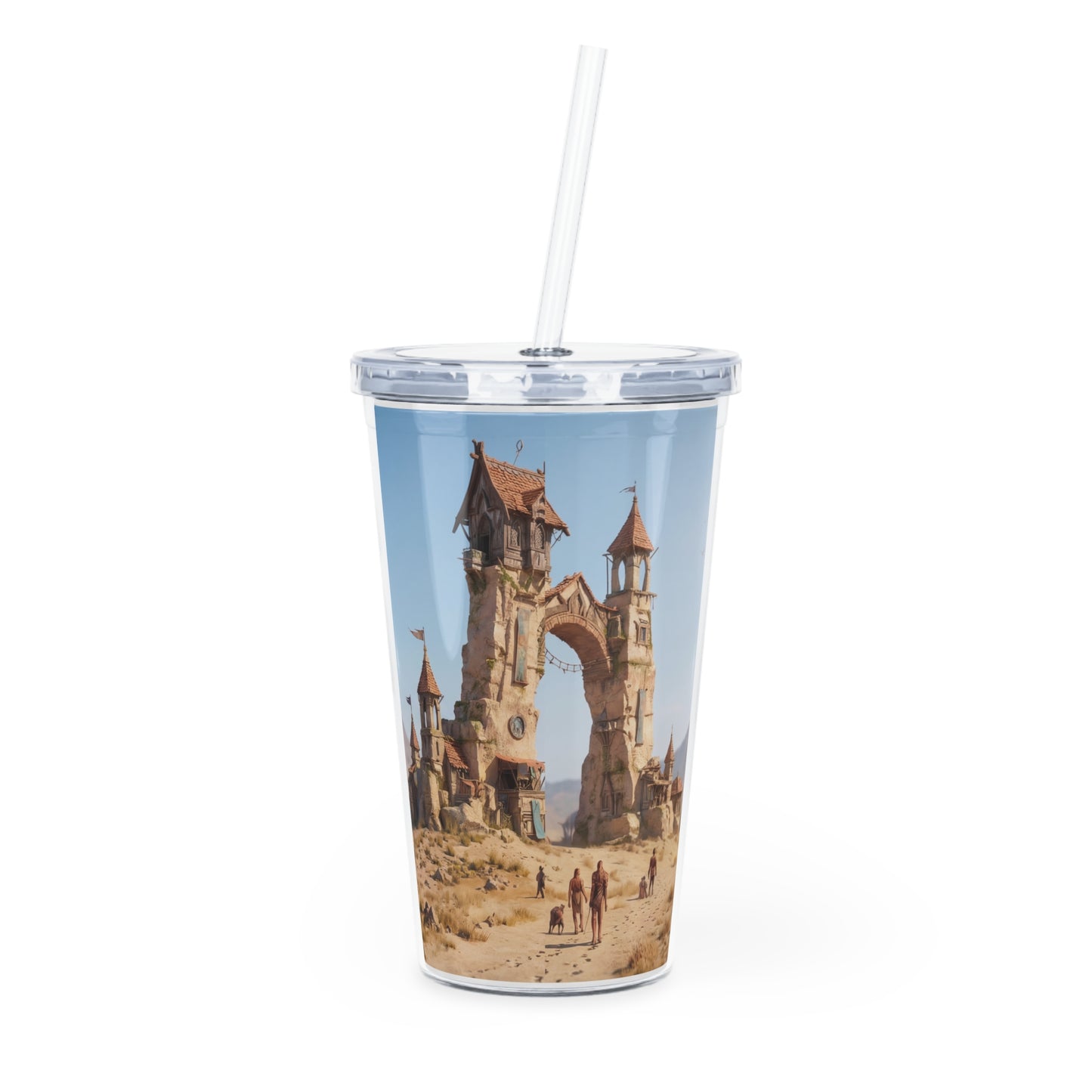 Desert Citadel Plastic Tumbler with Straw – Sunlit Ruins and Wanderers