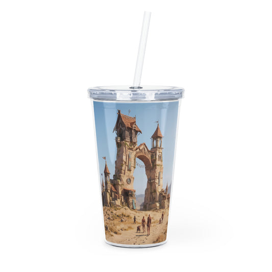 Desert Citadel Plastic Tumbler with Straw – Sunlit Ruins and Wanderers