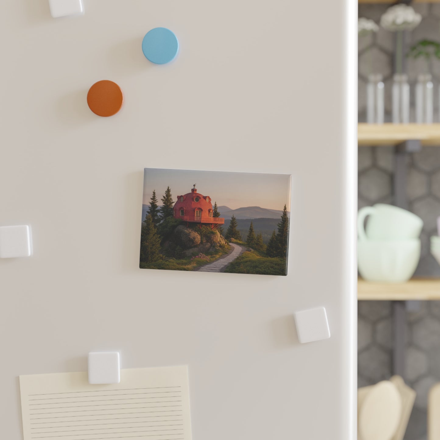 Red Dome House Button Magnet, Rectangle (1 & 10 pcs) – Sunset Sanctuary on a Mountain Ridge