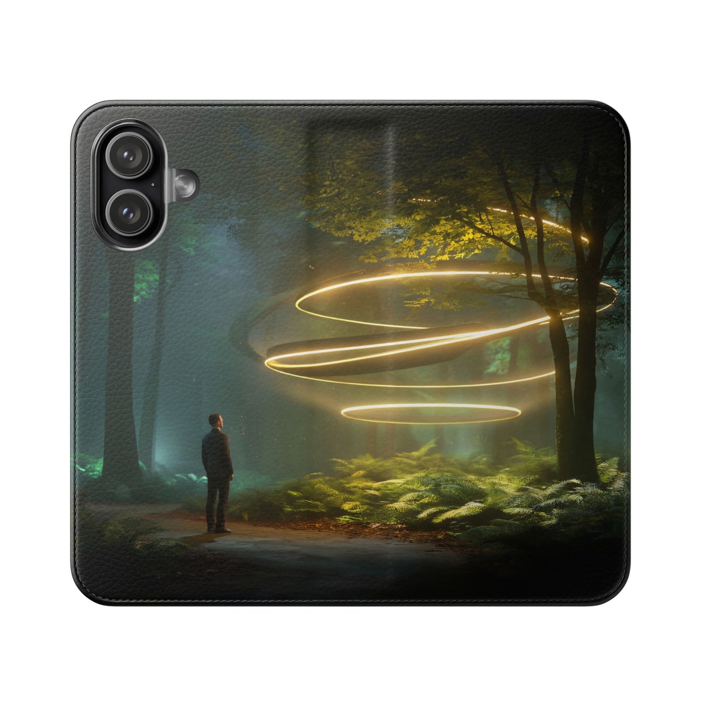 Luminous Spiral Forest Flip Cases – Golden Light Rings Mystery Scene