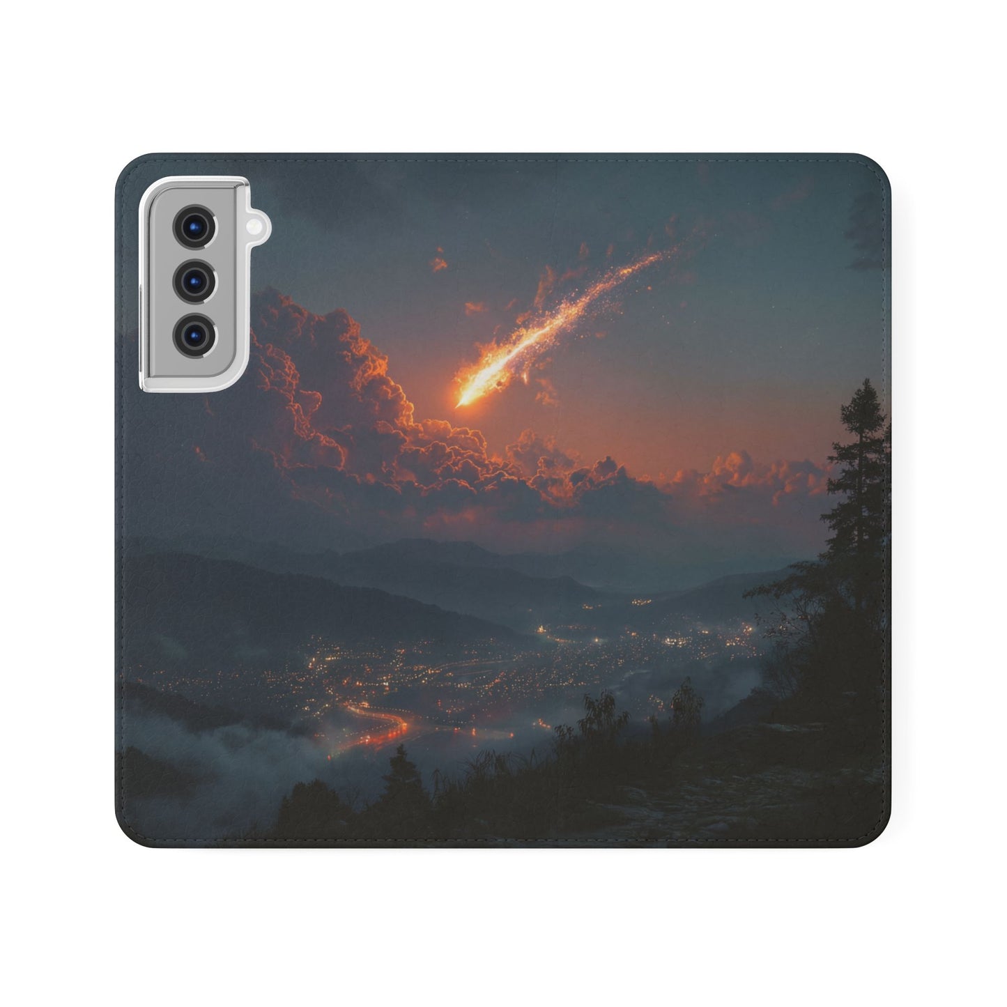 Meteor Over Valley Flip Cases – Crimson Sky Sentinel Cover