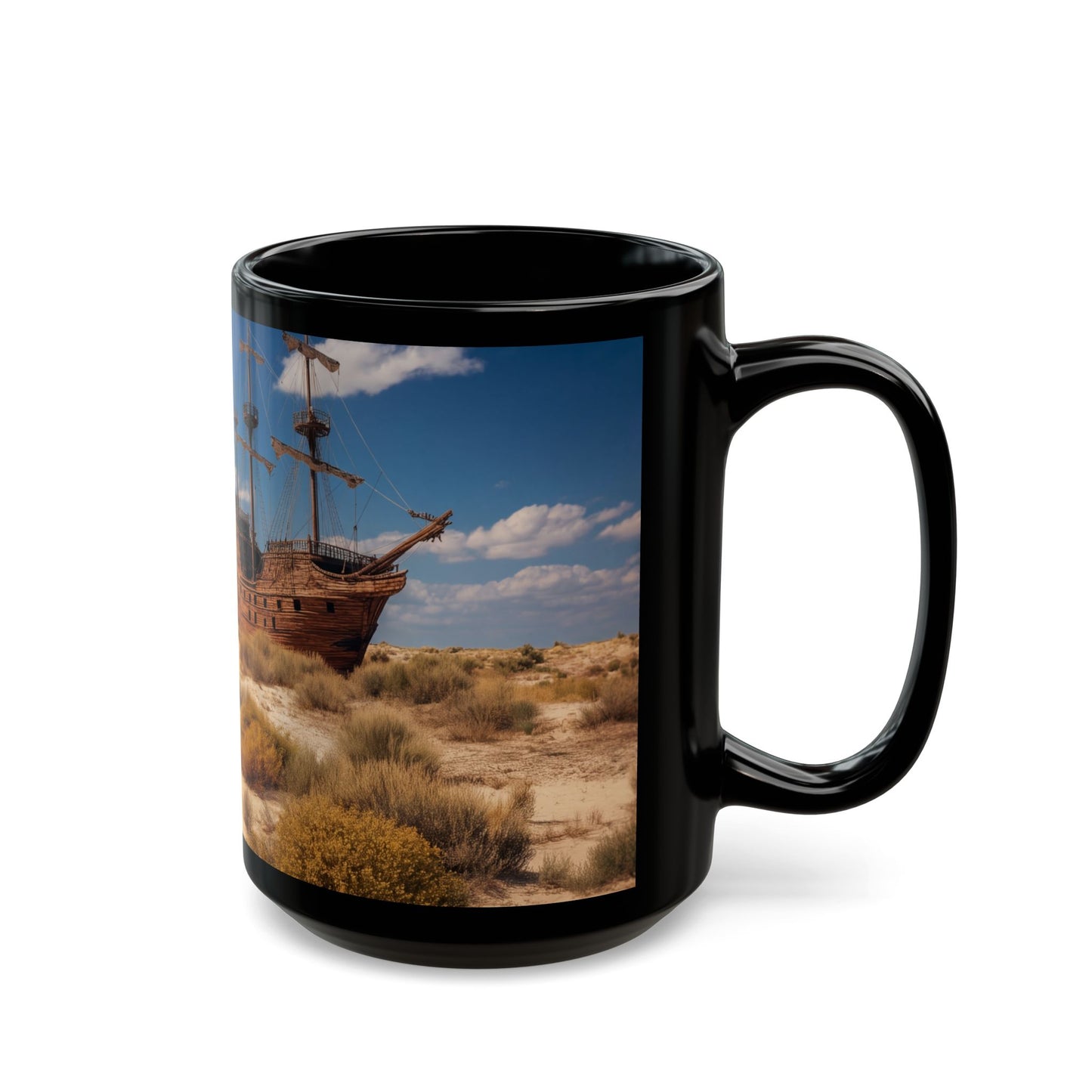 Desert Shipwreck Black Mug – Sun-Drenched Sand and Salted Skies