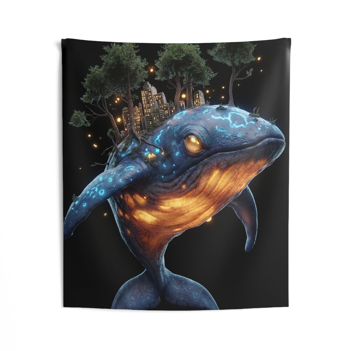 Whalesong Cityscape Indoor Wall Tapestries – Bioluminescent Ocean Guardian
