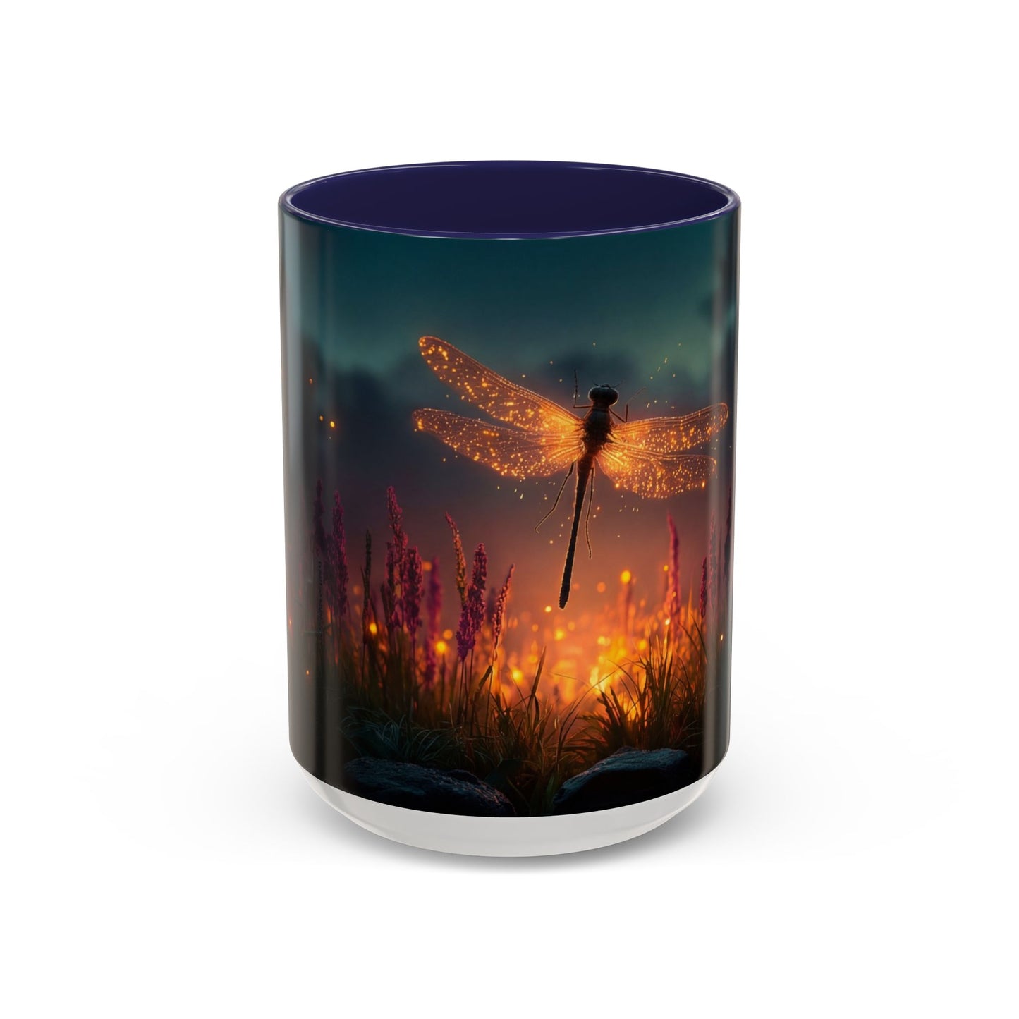 Firefly Dragonfly Accent Coffee Mug (11, 15oz) – Twilight Luminescence Over Meadow