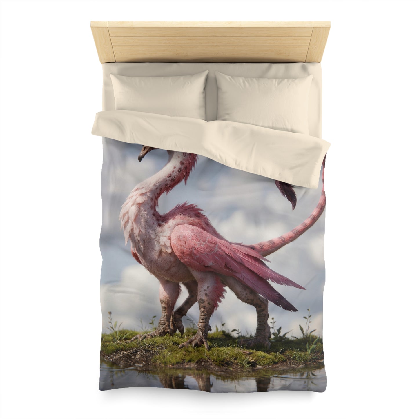 Pink Dawn Sentinel Duvet Cover – Soft Feathers on a Misty Shore