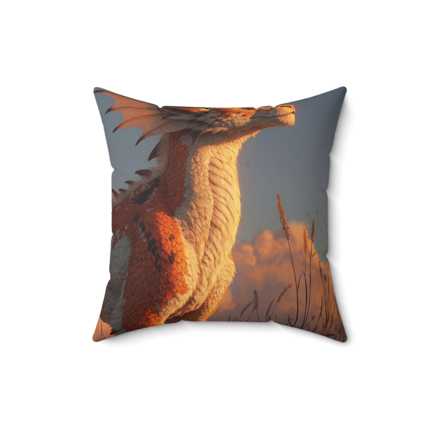 Sunset Sentinel Dragon Spun Polyester Square Pillow – Warm Amber Glow in Wild Grasses