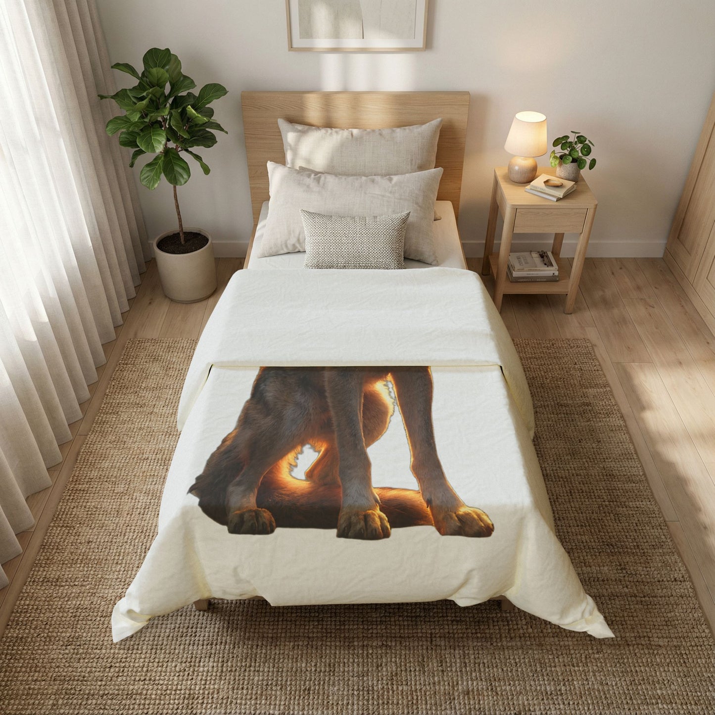 Golden Light Sentinel Wolf Cotton Duvet Cover – Watchful Guardian Night Scene