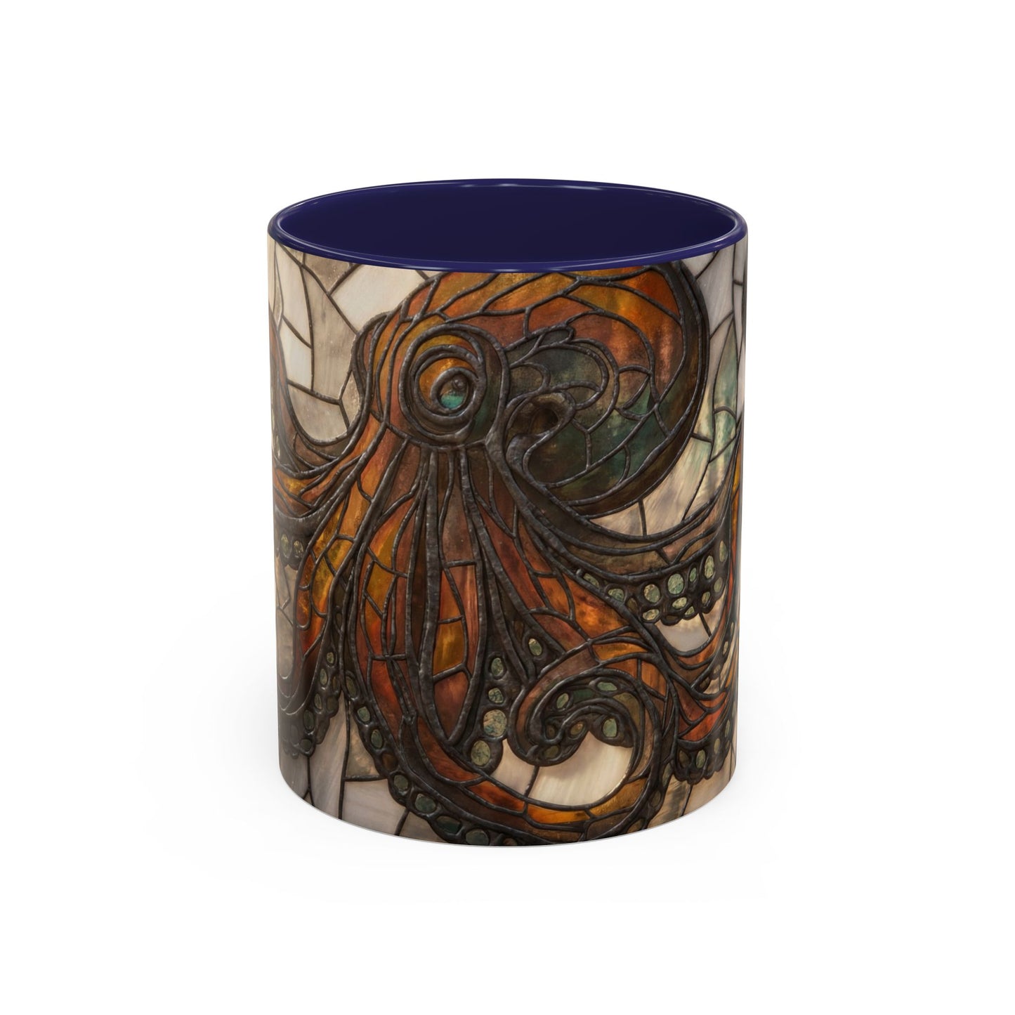Stained Glass Octopus Accent Coffee Mug – Amber Tentacle Mosaic Art