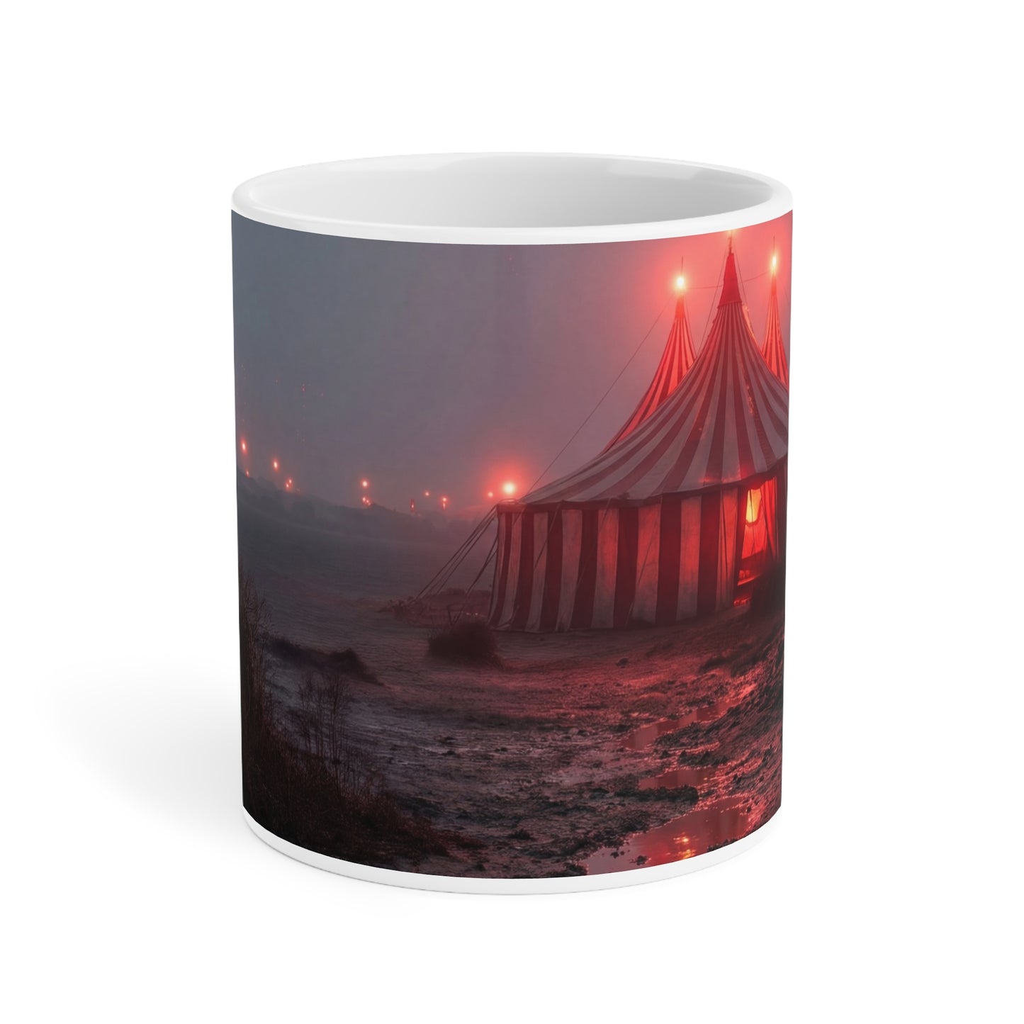 Crimson Circus Tent Ceramic Mugs (11oz\15oz\20oz) – Fogbound Wonder at Dusk