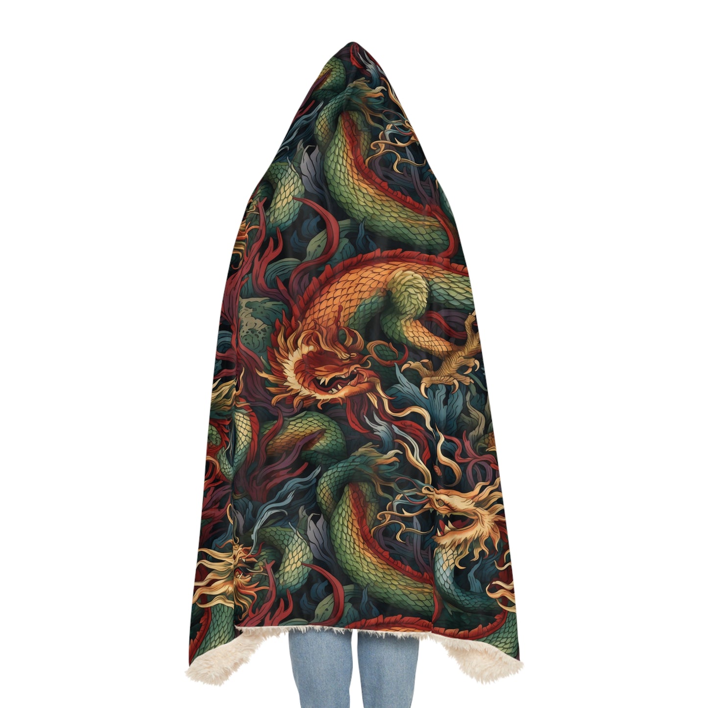 "A detailed pattern of mythical fire creatures, such as dragons, salamanders, and firebirds, depicted in a rich tapestry of garnet, topaz, and deep jade colors." - Snuggle Blanket