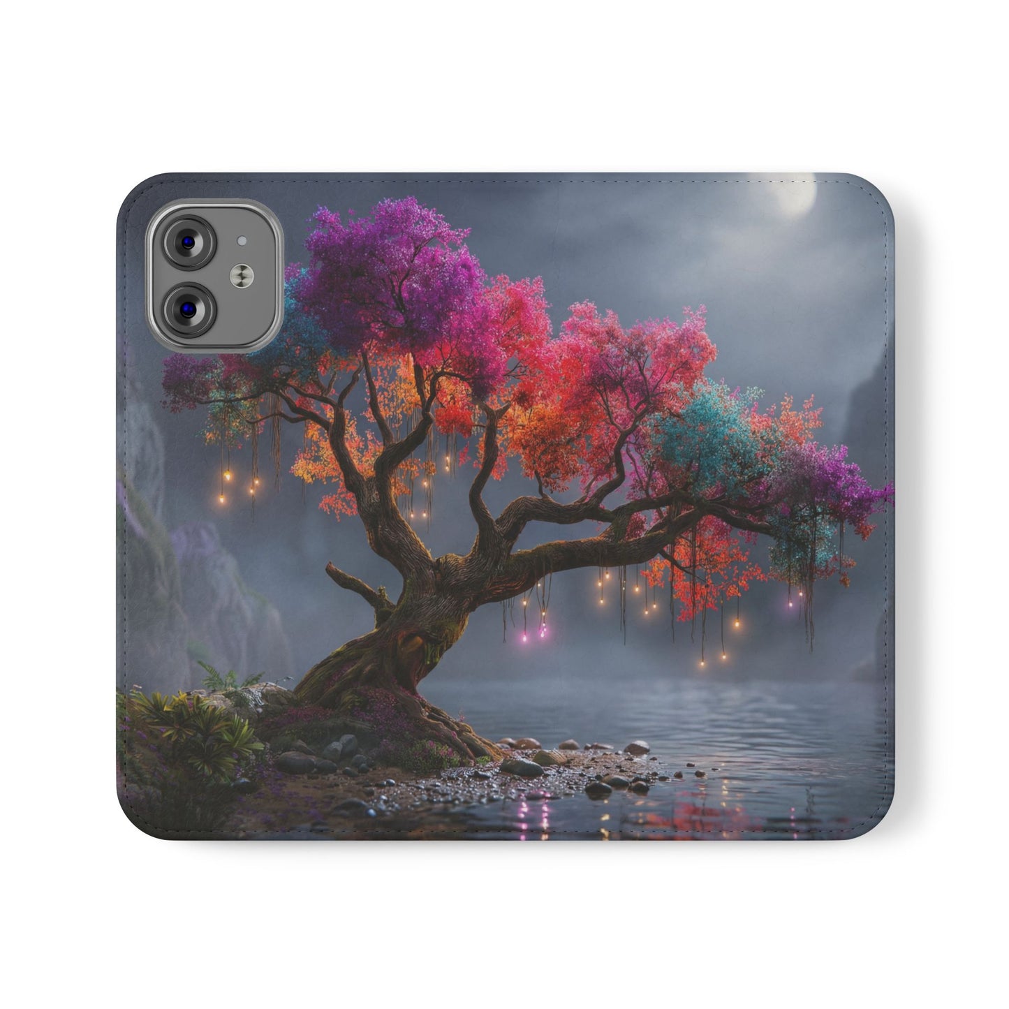Chromatic Canopy Flip Cases – Rainbow Tree Moonlit Waterfall Scene