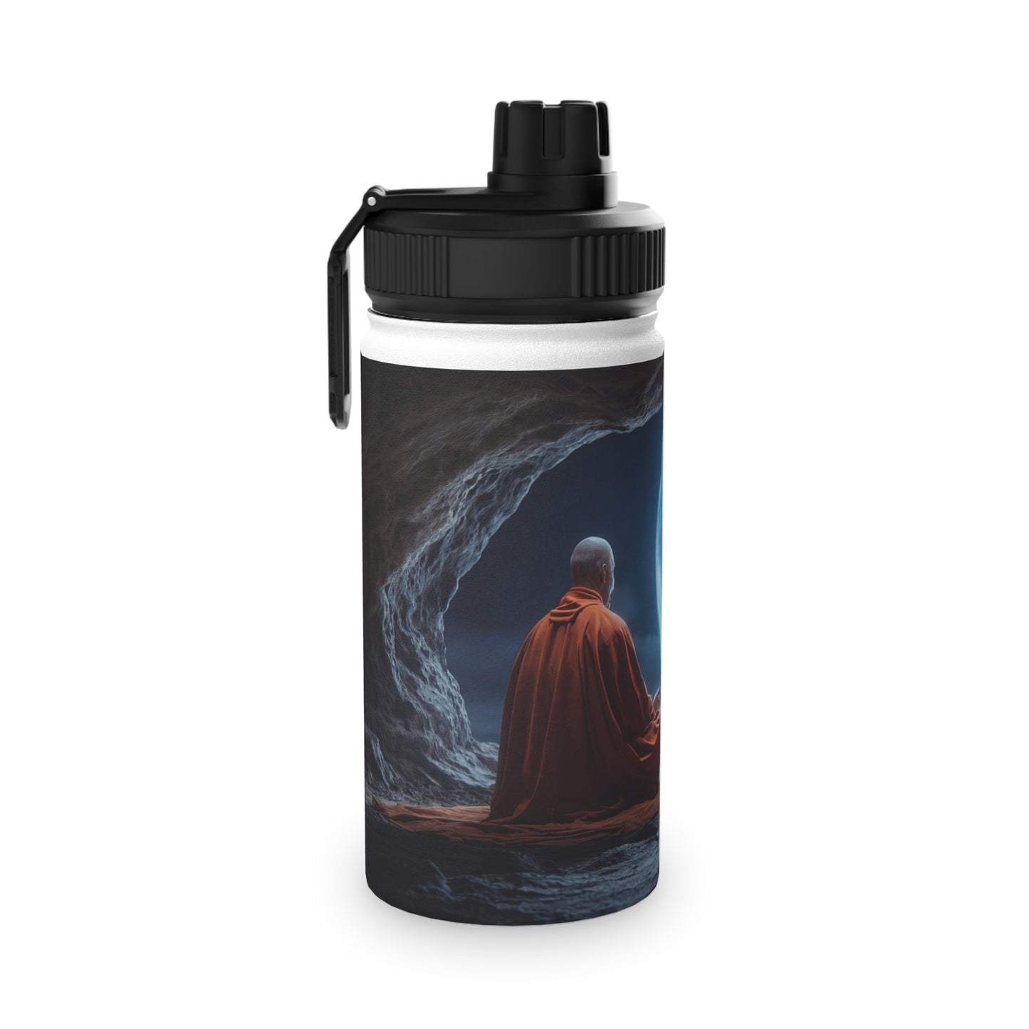 Moonlit Monk Stainless Steel Water Bottle, Sports Lid – Serene Cave Meditation Scene