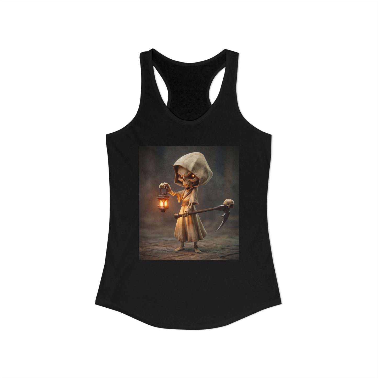 Lantern-Bearing Skeleton Women's Ideal Racerback Tank – Guiding Light Guardian Graphic