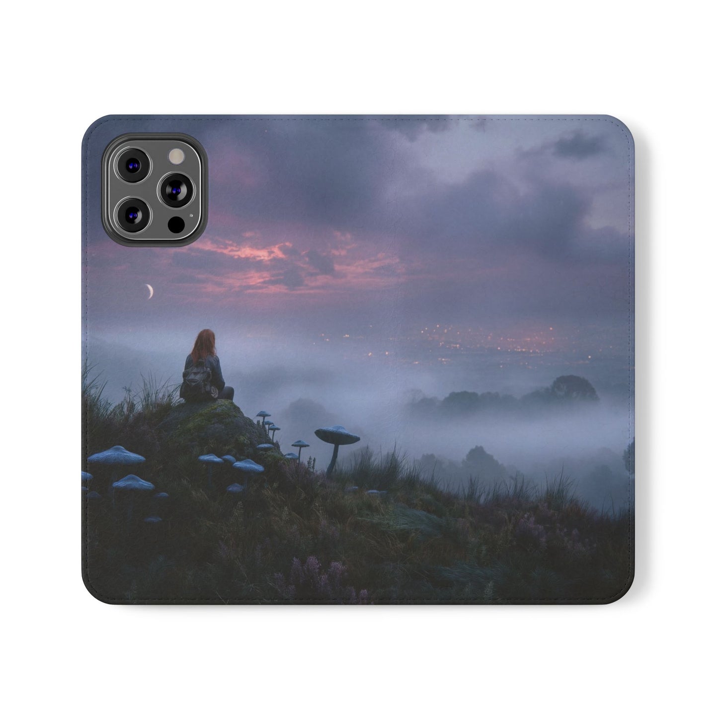 Misty Hilltop Flip Cases – Red-Haired Wanderer at Twilight