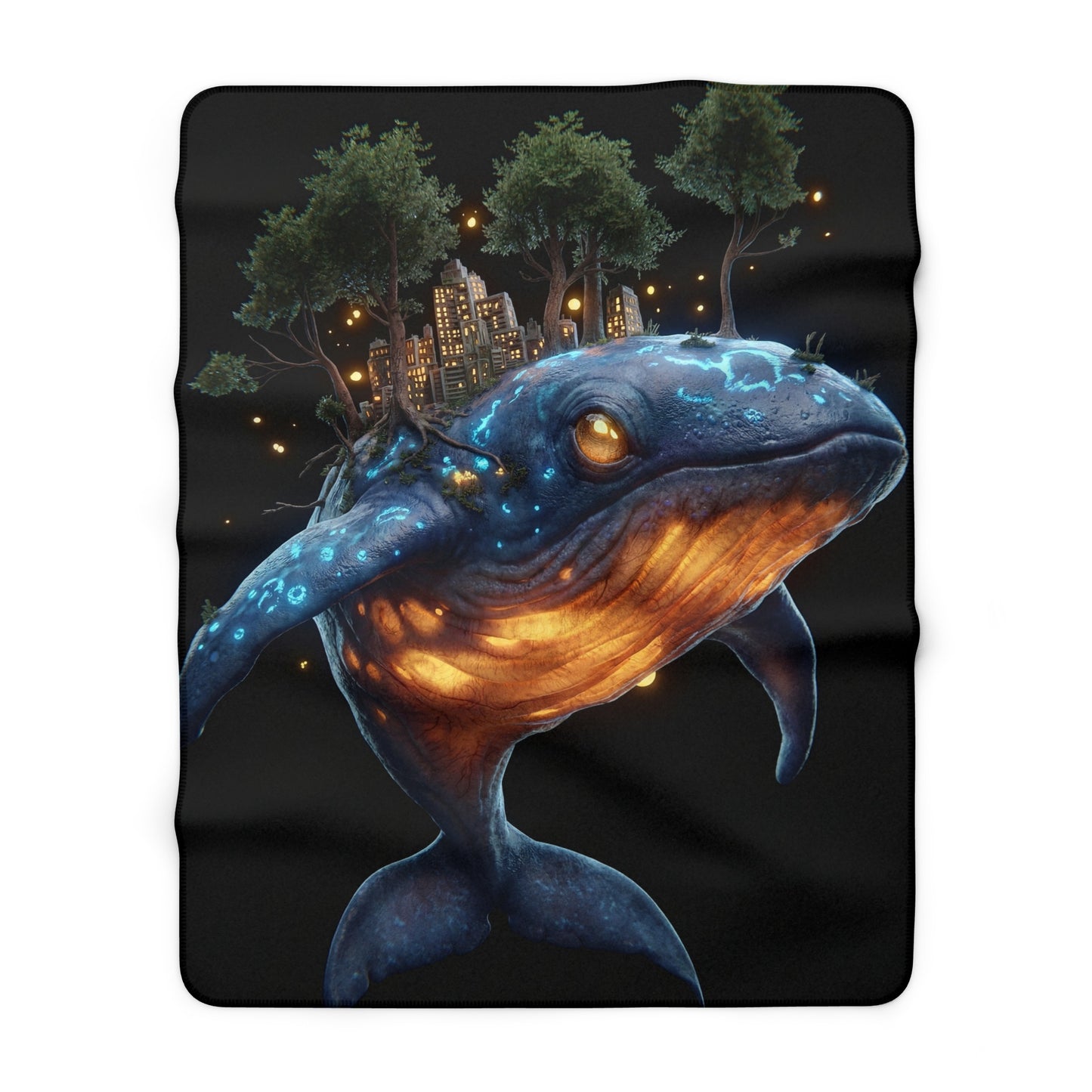 Harbor City Whale Sherpa Fleece Blanket – Bioluminescent Guardian with Urban Grove