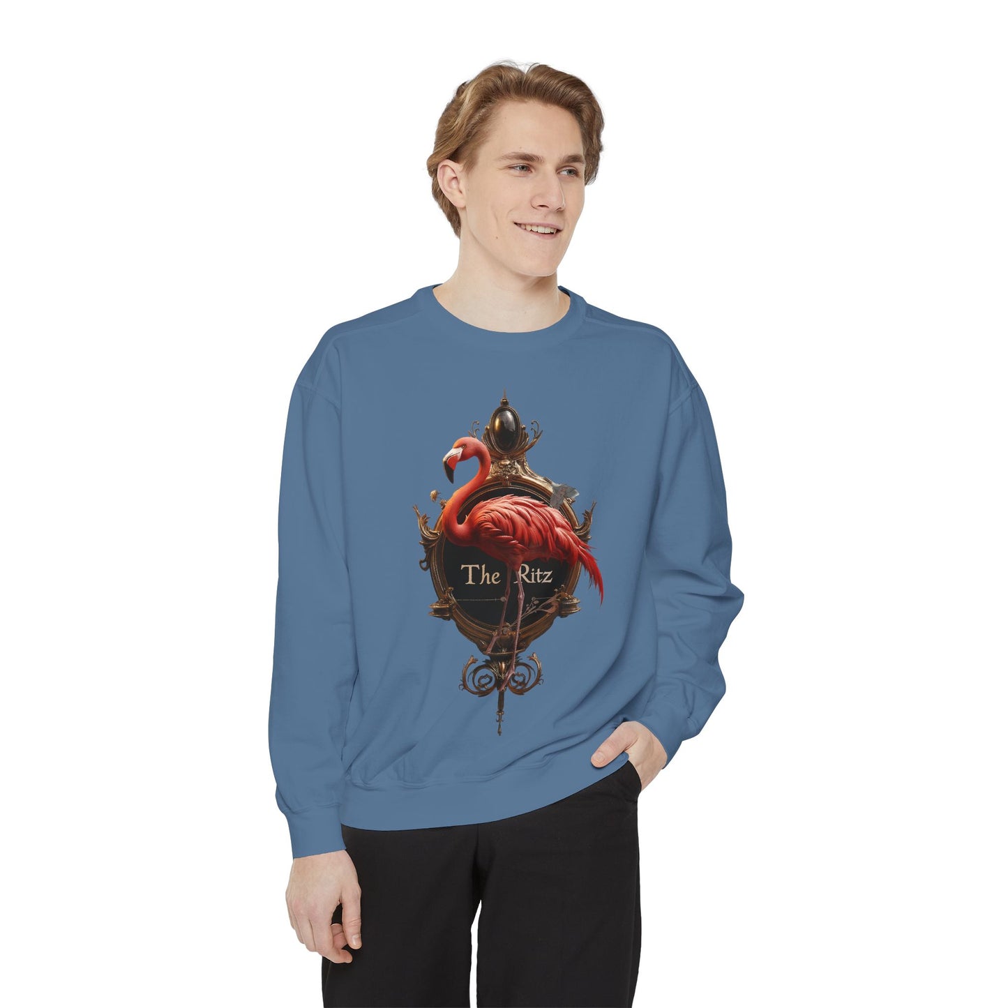 Ritz Flamingo Unisex Garment-Dyed Sweatshirt – Brass Ornate Crest with Pink Bird