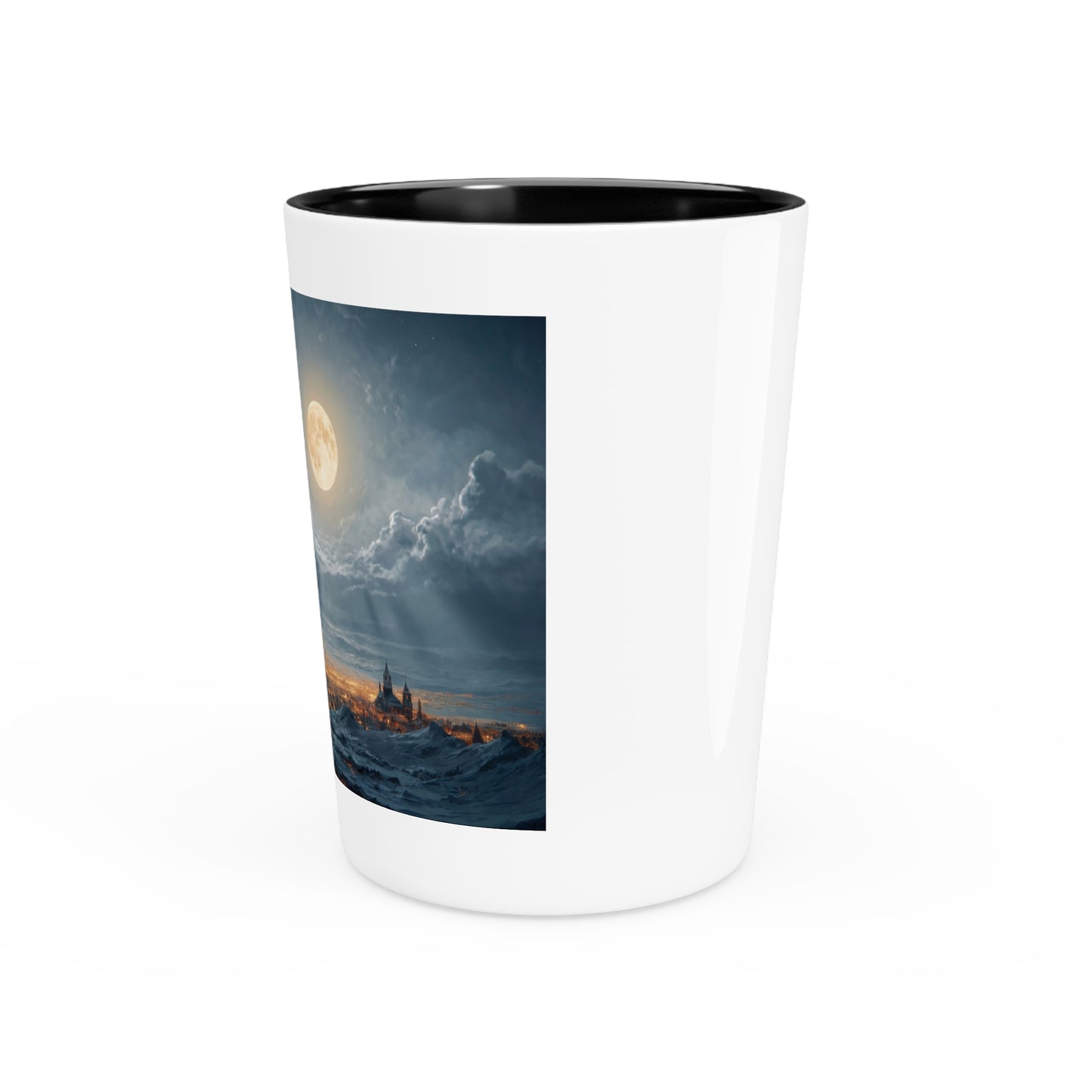 Lunar Sleigh Ride Shot Glass – Midnight Winter Journey Over Snow-Covered Peaks