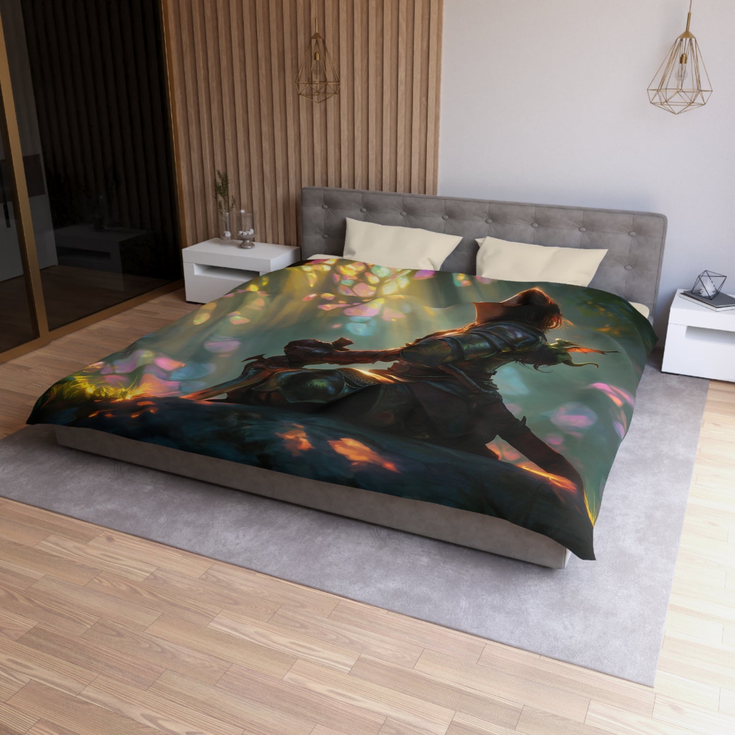 Crystal Grove Guardian Duvet Cover – Elf Knight and Dragon Companion