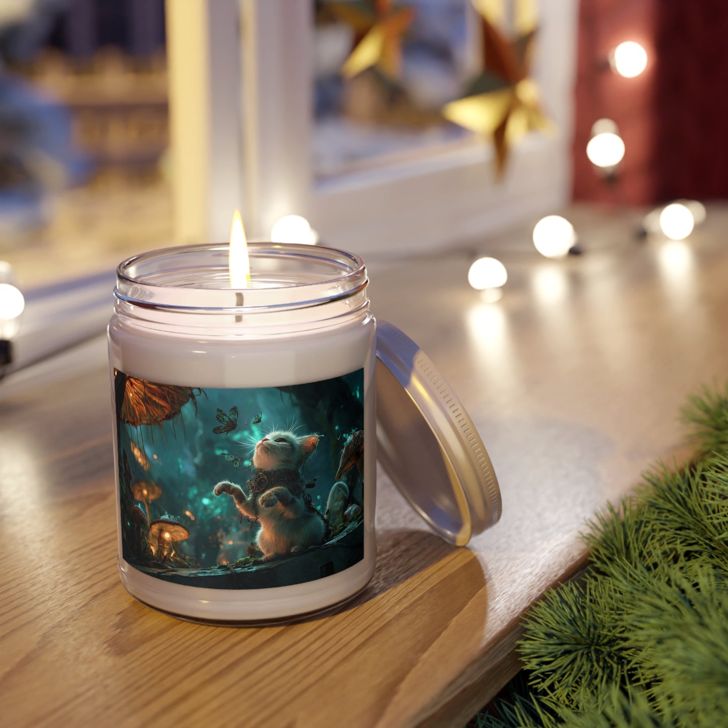 Whispering Forest Kitten Scented Soy Candles with White Lid, 9oz – Guardian of the Bioluminescent Grove