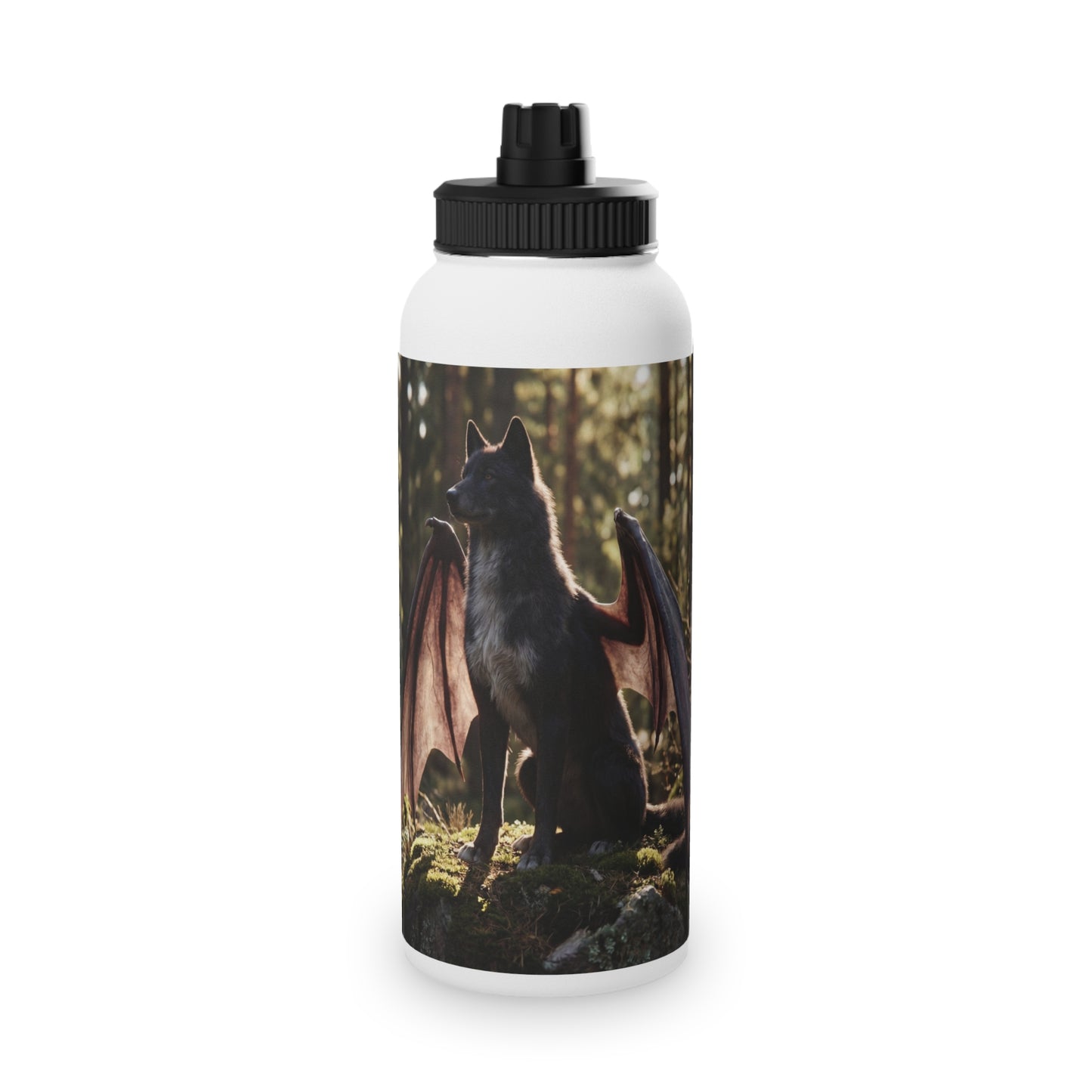 Dragon Wolf in the Sunlit Woods Stainless Steel Water Bottle, Sports Lid – Guardian of the Mossy Glade
