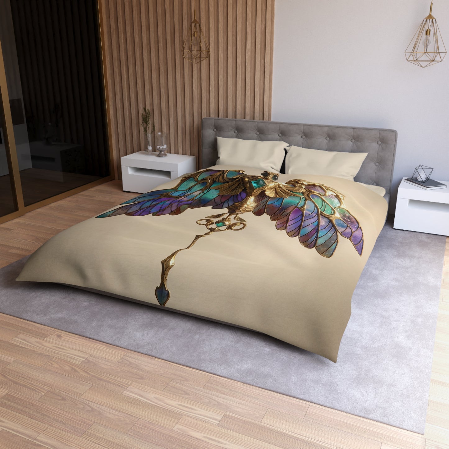 Celestial Phoenix Key Duvet Cover – Wings of Starlit Glass