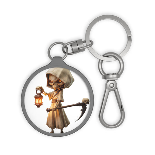 Hooded Lantern Skeleton Keyring Tag – Gentle Guardian with Scythe and Skull-Topped Scythe