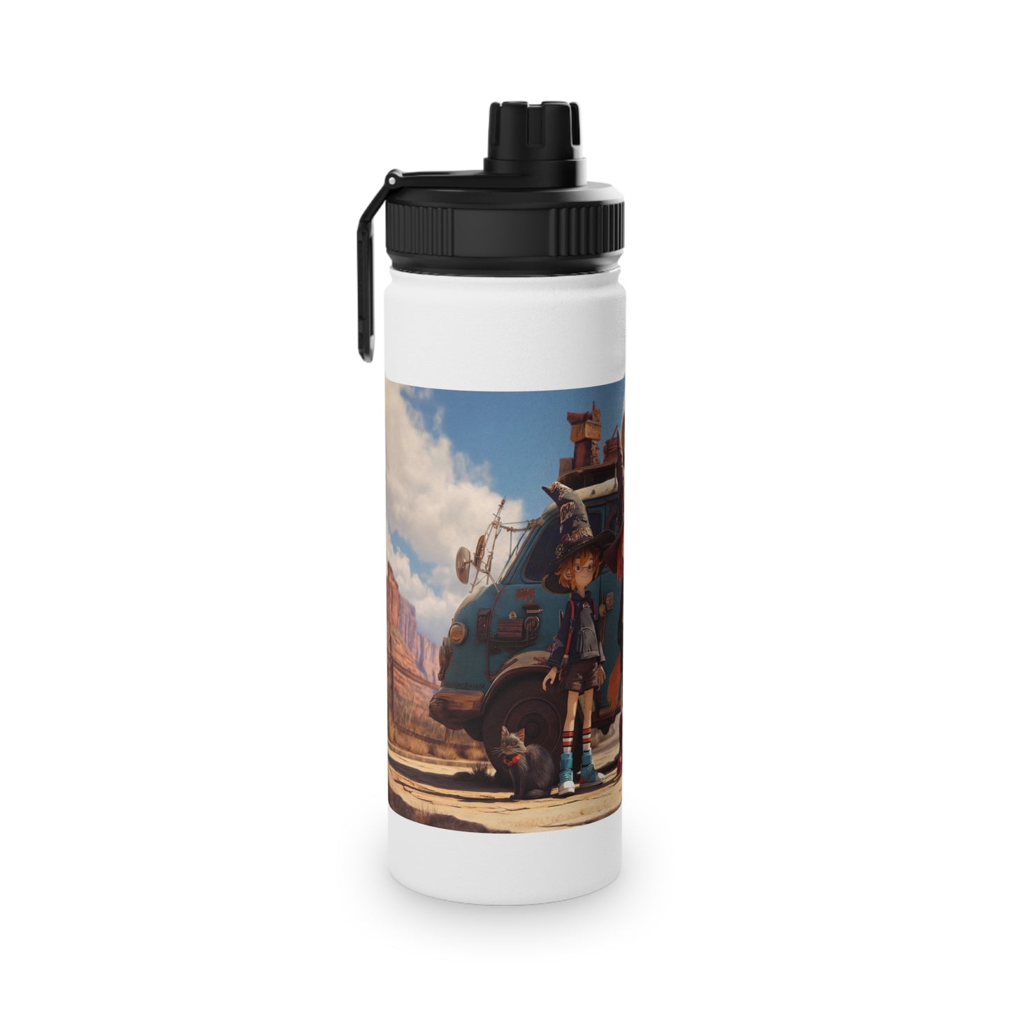 Witch Trio Roadtrip Stainless Steel Water Bottle, Sports Lid – Dusty Desert Spellbound