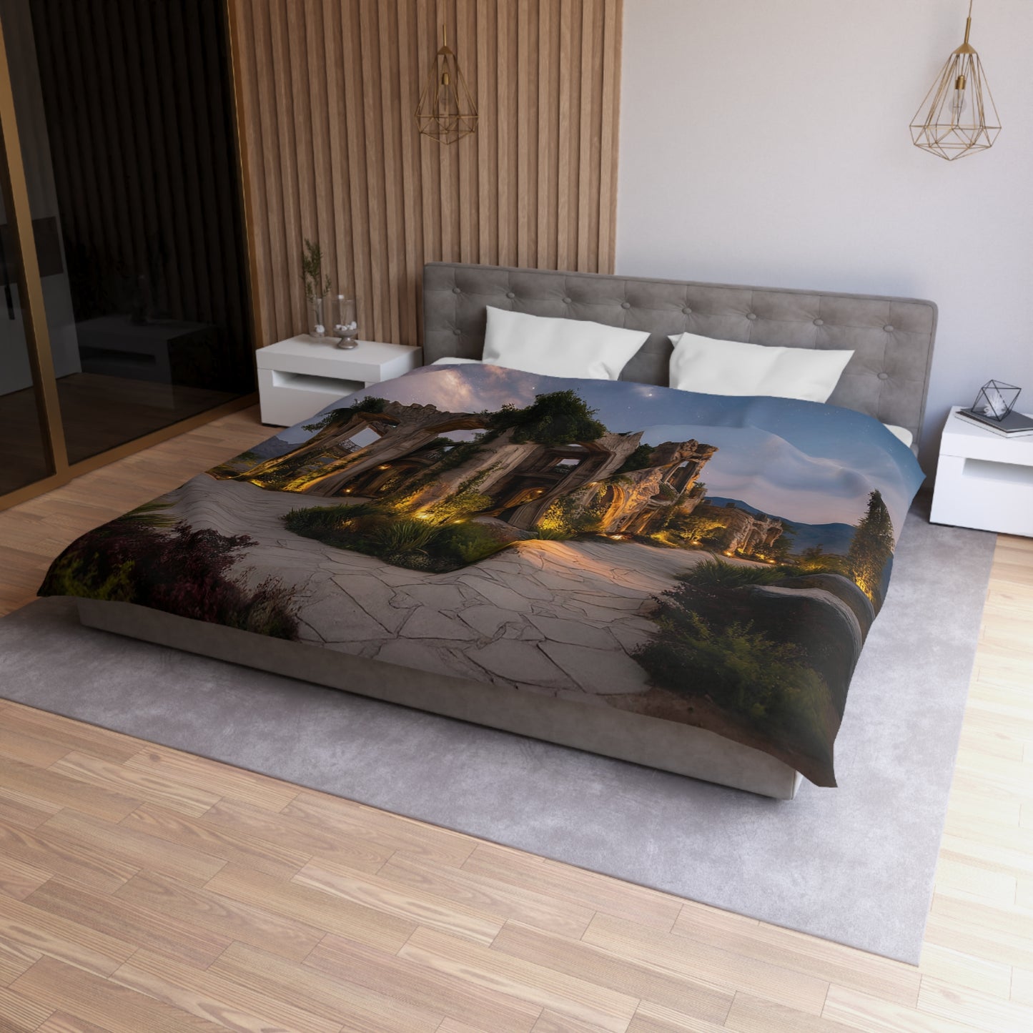 Starlit Ruins Microfiber Duvet Cover – Where Nature Reclaims the Night