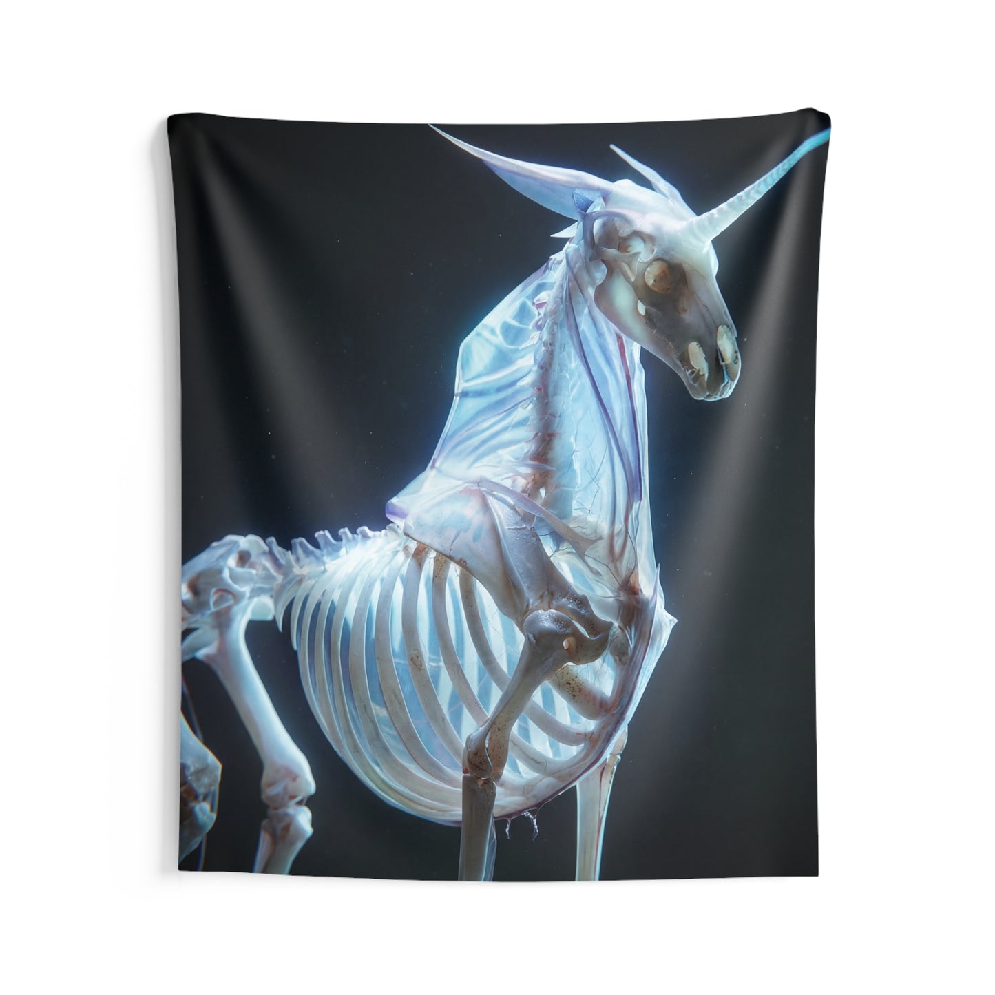 Celestial Unicorn Skeleton Tapestry – Luminescent Bone Dreamscape