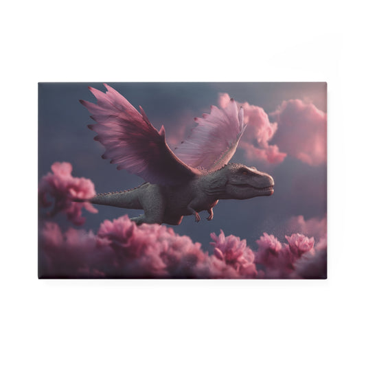 Pink-Winged Dinosaur Flying Through Blossoms Button Magnet, Rectangle (1 & 10 pcs) – Ethereal Skyward Soar